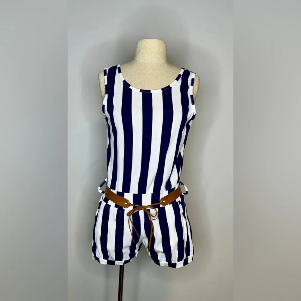 Striped Sleeveless Romper with Belt - Picture 1 of 2